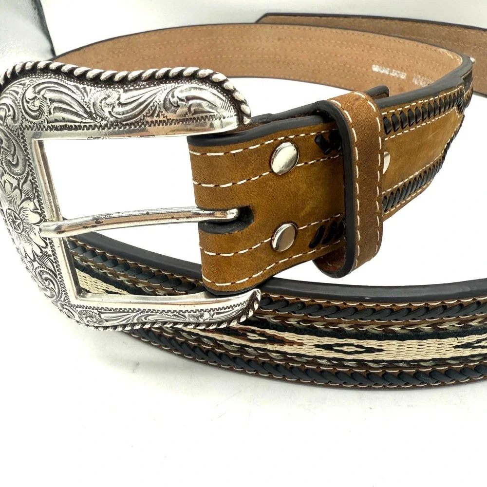 Nocona Western Leather Belt Sz 42 Brown Braided Inlay Cowboy Rodeo Silver Buckle